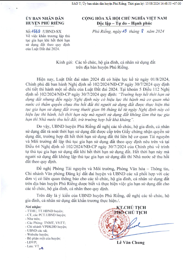 khẩn trường lập thủ tục gia hạn khi hết thời hạn sử dụng đất theo quy định của Luật đất đai năm 2024 ha